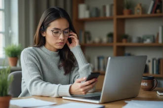 Femme contactant l'assistance en ligne depuis son bureau à domicile avec un ordinateur portable et un smartphone