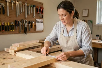 Femme débutante en bricolage mesurant une planche en bois dans un atelier pédagogique