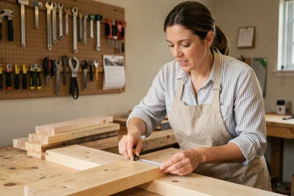 Femme débutante en bricolage mesurant une planche en bois dans un atelier pédagogique