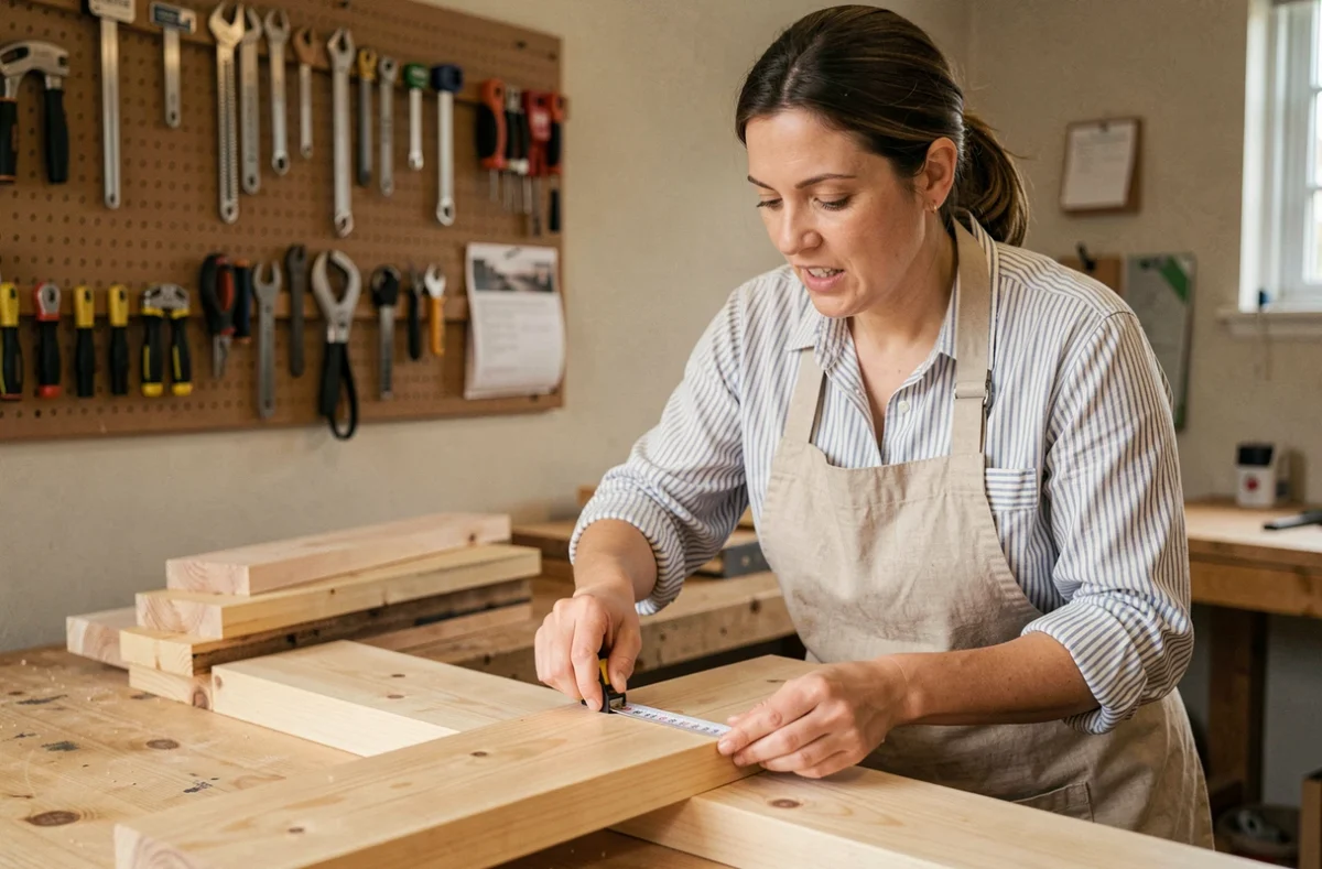 Femme débutante en bricolage mesurant une planche en bois dans un atelier pédagogique