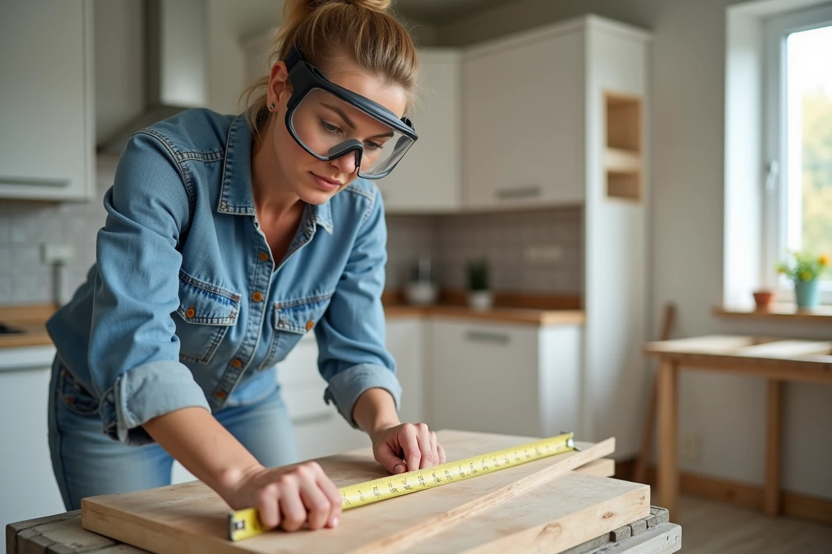 Une femme débutante en bricolage mesurant une planche en bois dans sa cuisine lors d'un projet de montage de meuble