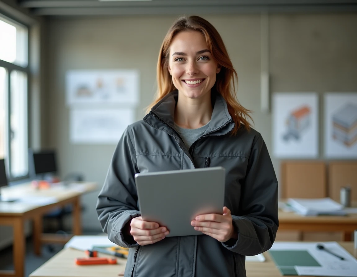 Jeune femme en formation BTP tenant une tablette numérique avec des schémas de construction dans un atelier pédagogique