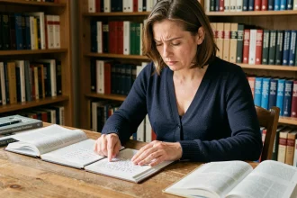 Femme étudiant la conjugaison des verbes en -ir dans un livre de grammaire française sur un bureau en bois
