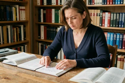 Femme étudiant la conjugaison des verbes en -ir dans un livre de grammaire française sur un bureau en bois