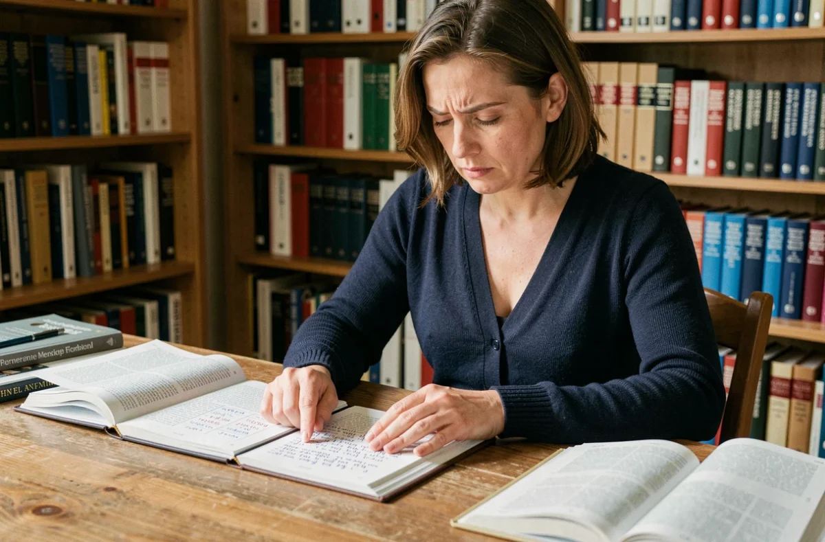 Femme étudiant la conjugaison des verbes en -ir dans un livre de grammaire française sur un bureau en bois