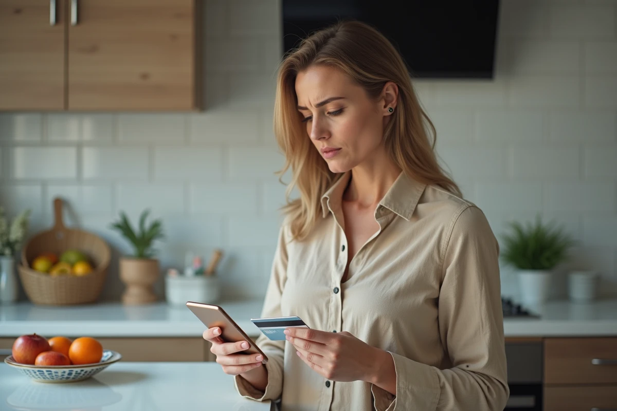 Femme hésitante tenant une carte bancaire avant d'acheter une formation bricolage en ligne