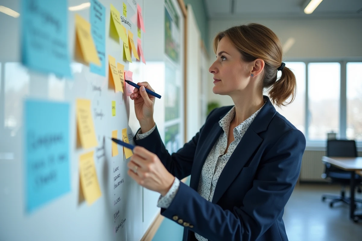 Femme planifiant avec tableau de notes colorées