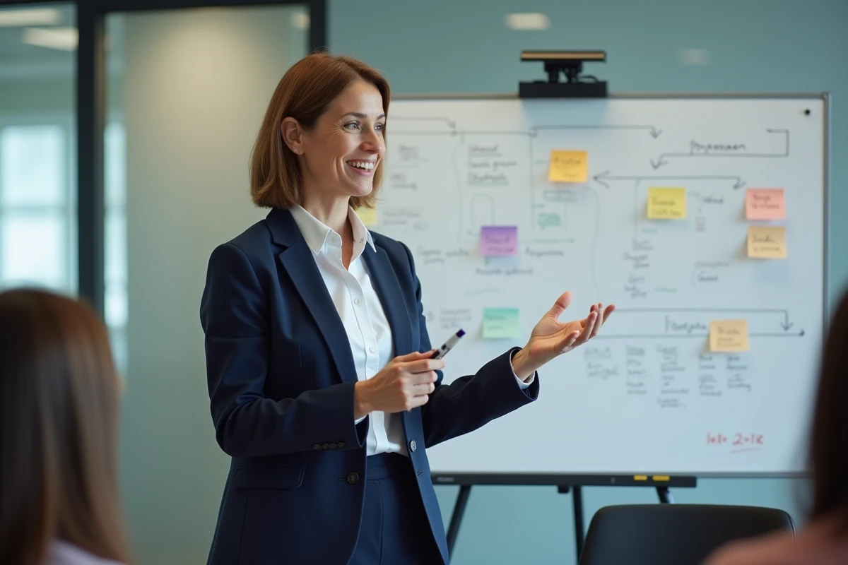 Femme en blazer bleu expliquant un diagramme blanc