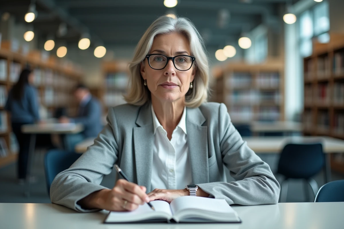 Femme portant des lunettes de lecture s'entraînant mentalement sur les chiffres de pi dans une bibliothèque moderne