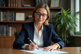 Femme professionnelle rédigeant une lettre de recommandation pour un dossier de bourse dans un bureau académique