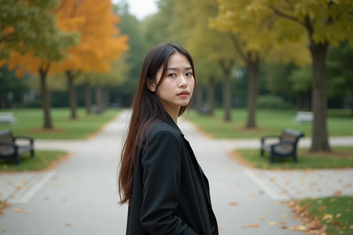 Jeune femme réfléchissant à un carrefour dans un parc urbain