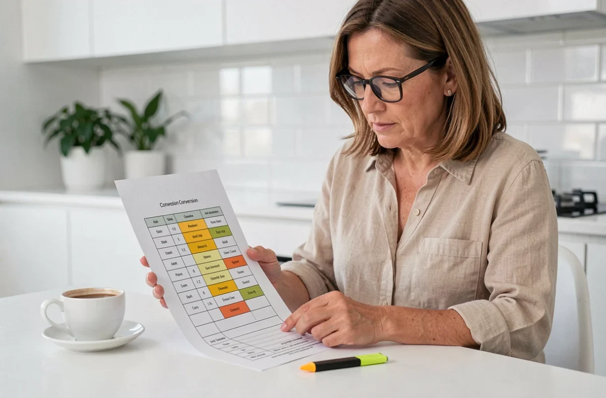 Femme d'âge mûr consultant un tableau de conversion imprimé en cases sur une table de cuisine minimaliste
