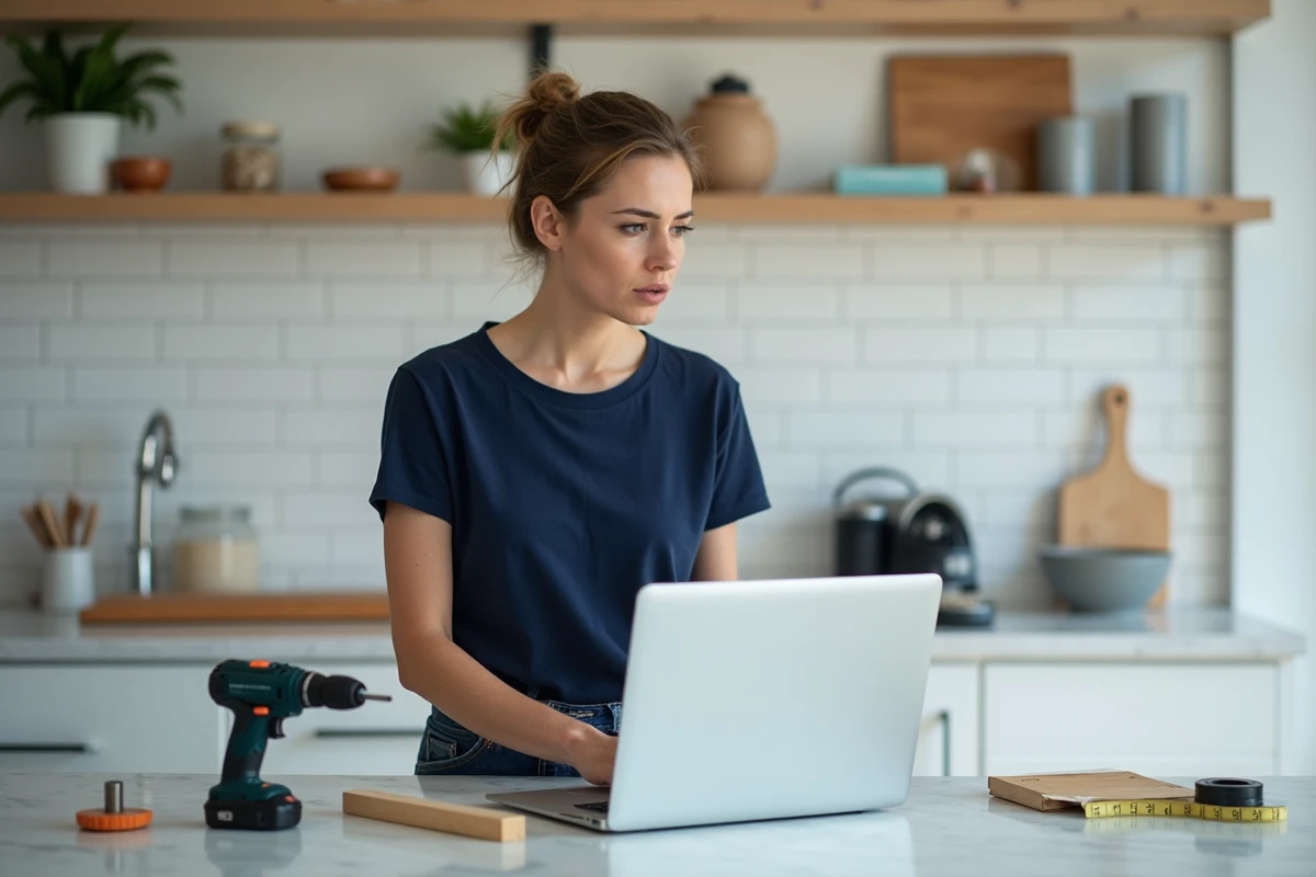 Femme consultant un tutoriel de bricolage en ligne avec perceuse et chevilles en bois sur le plan de travail