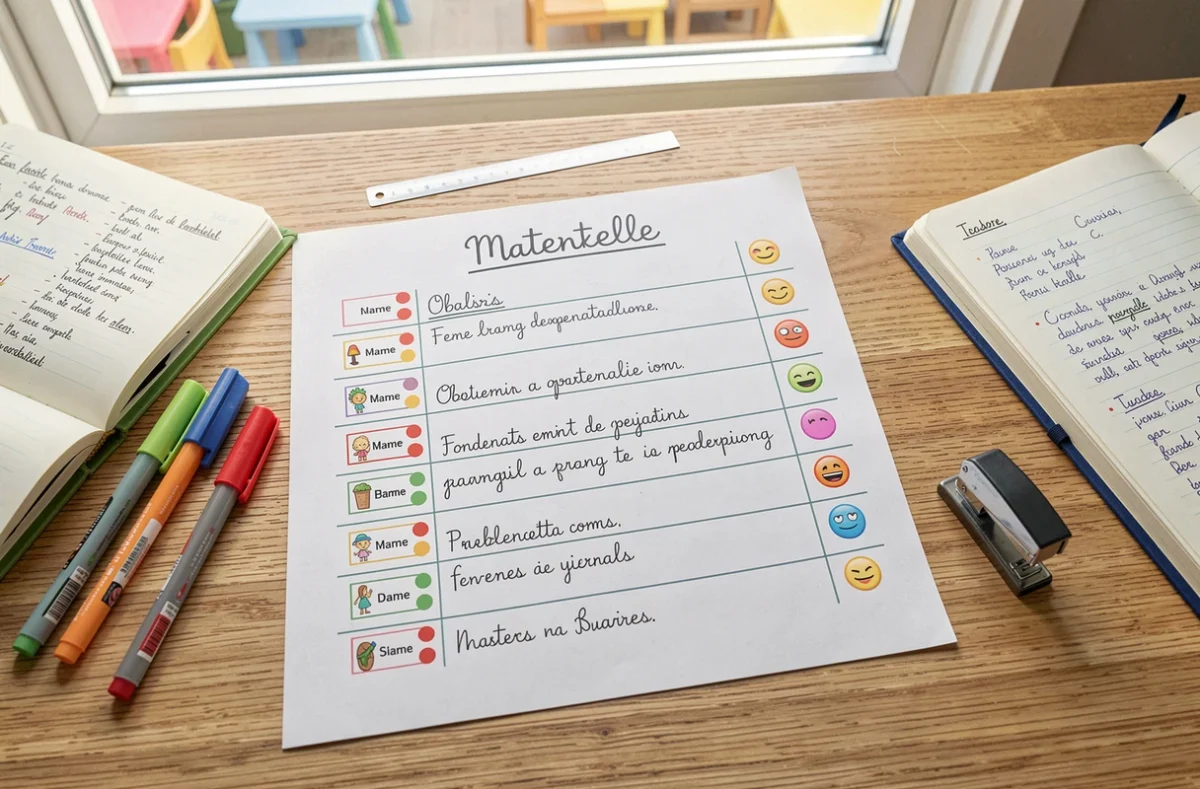 Vue aérienne d'une fiche de suivi de classe maternelle avec autocollants colorés et annotations manuscrites