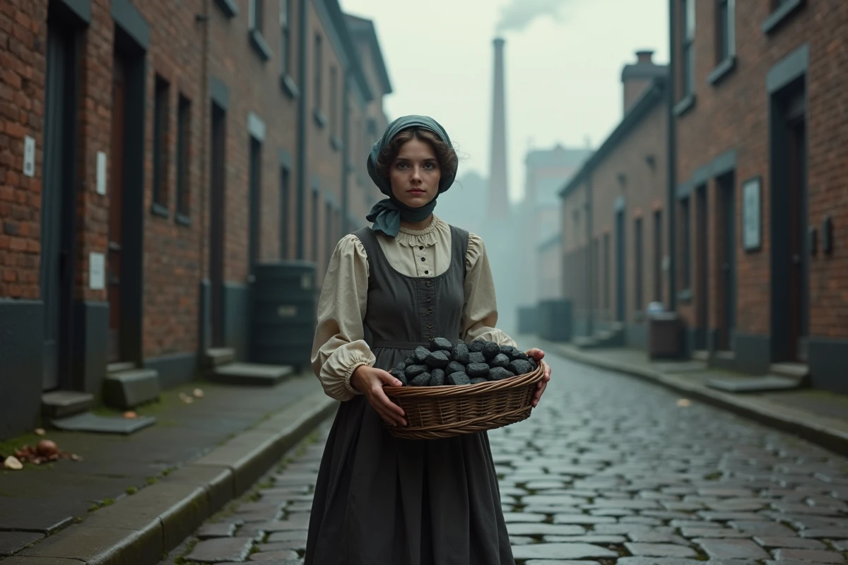 Jeune femme portant un panier de charbon devant une usine