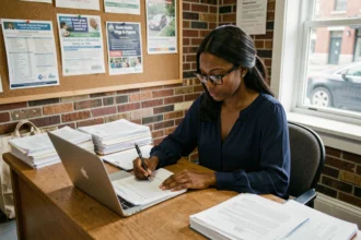 Jeune femme sans papiers remplissant un dossier administratif pour financer une formation professionnelle dans un centre communautaire