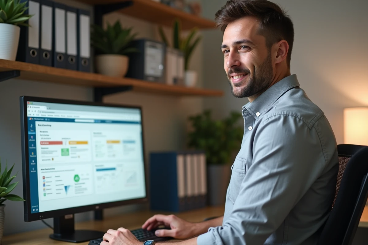 Professionnel consultant une plateforme de formation en ligne pour vérifier la conformité des parcours de formation, depuis son bureau à domicile