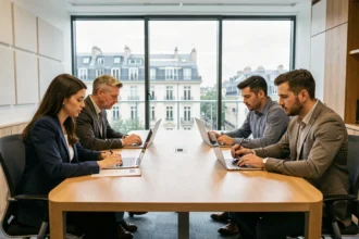 Groupe de professionnels en formation dans un centre moderne à Lyon, Auvergne-Rhône-Alpes