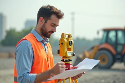 Jeune géomètre en début de carrière sur un chantier de construction tenant un trépied de station totale et consultant des notes de terrain