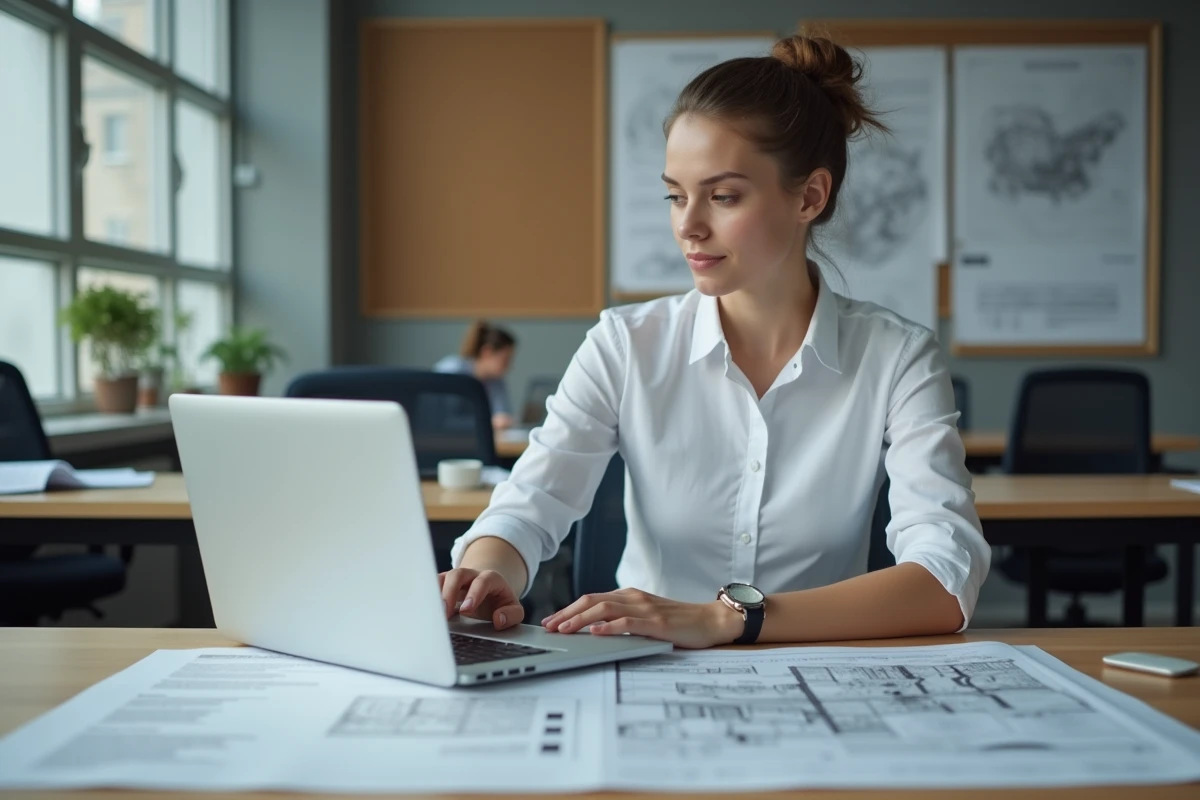 Jeune géomètre femme en bureau analysant des cartes topographiques et des documents de salaire sur son poste de travail dans un cabinet de géométrie