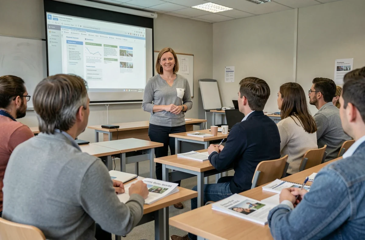 Formation professionnelle continue au GRETA Haute-Saône Nord Franche-Comté avec une formatrice et ses stagiaires adultes
