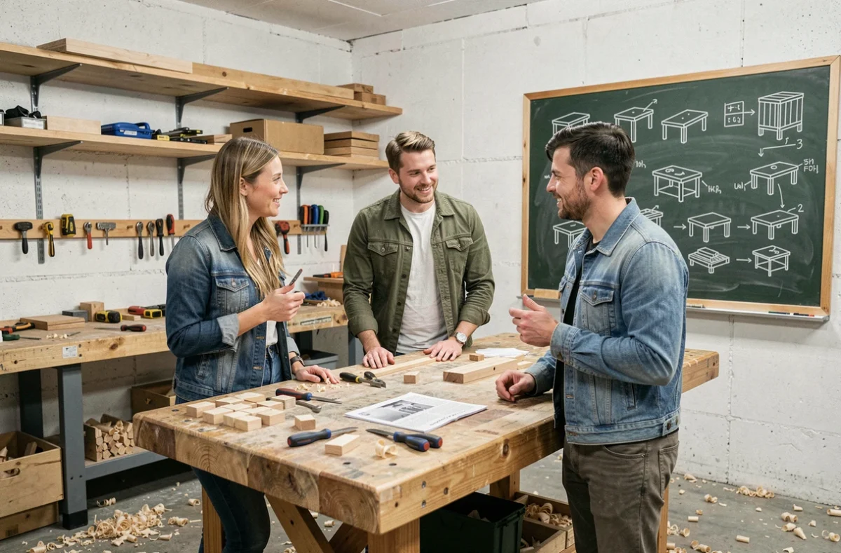 Groupe de débutants adultes participant à un stage de bricolage pédagogique en atelier