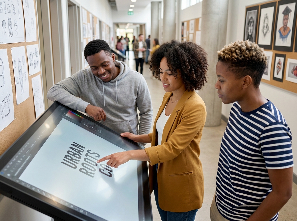 Groupe d'étudiants en école d'arts appliqués collaborant sur un projet de design typographique devant un écran interactif dans un couloir moderne