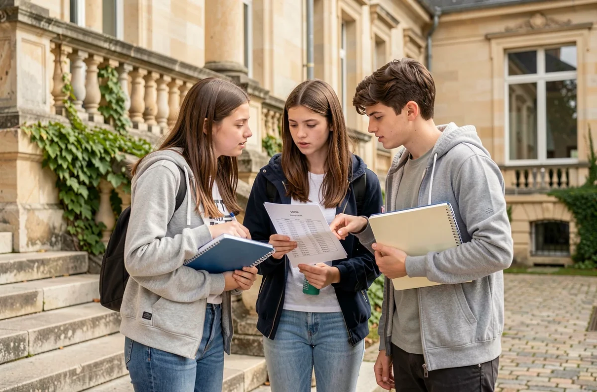 Groupe d'étudiants en prépa BCPST consultant un classement de lycées de province devant leur établissement