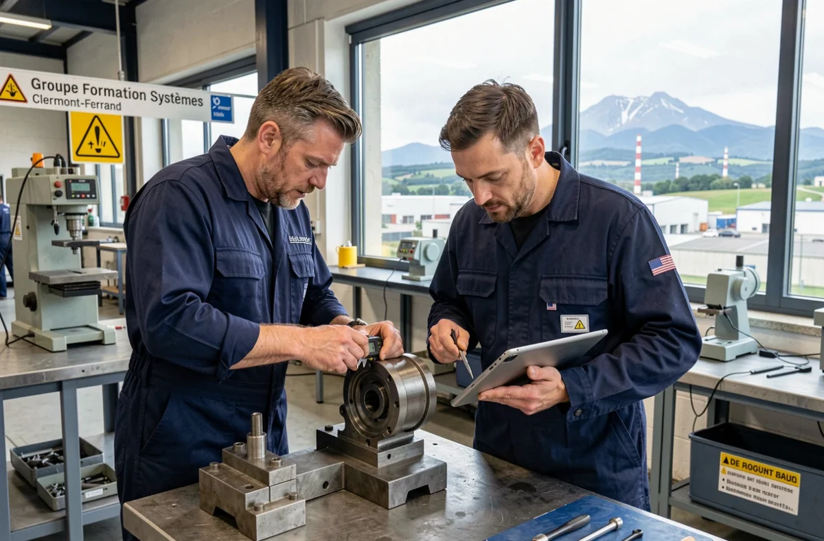 Deux techniciens en formation industrielle chez Groupe Formation Systèmes à Clermont-Ferrand manipulant des pièces mécaniques