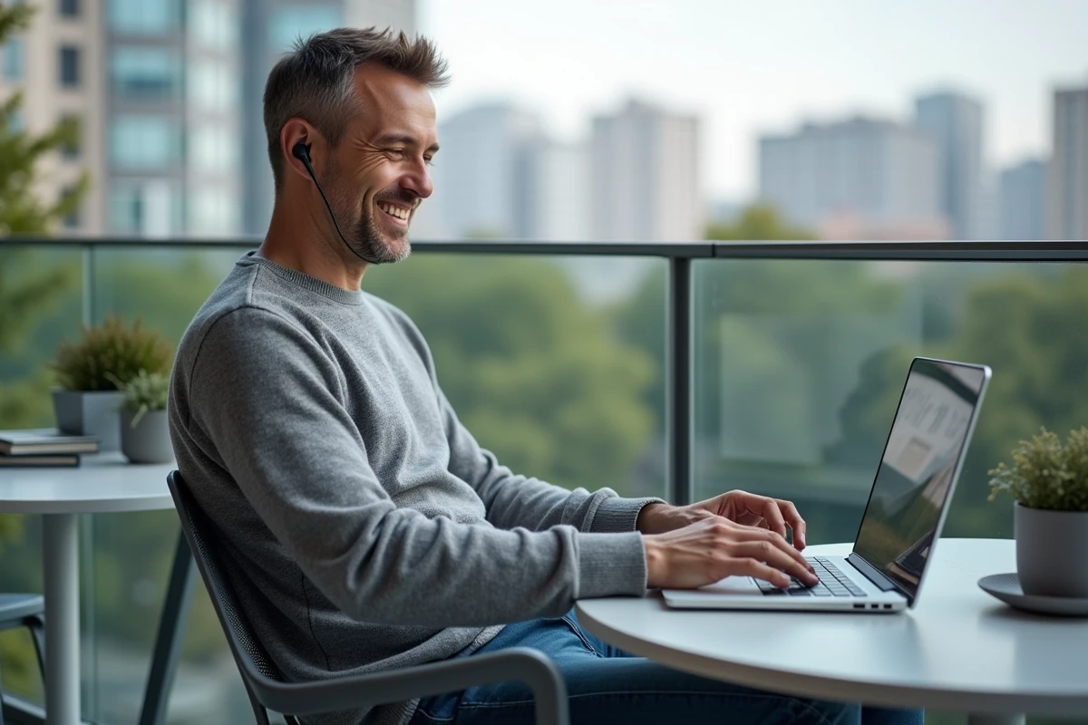 Homme détendu sur balcon avec ordinateur et vue urbaine