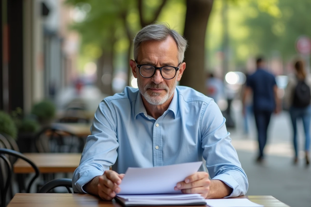 Homme d age moyen lisant des documents en cafe