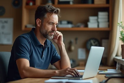 Homme consultant un site de formation bricolage en ligne sur son ordinateur portable avant de payer