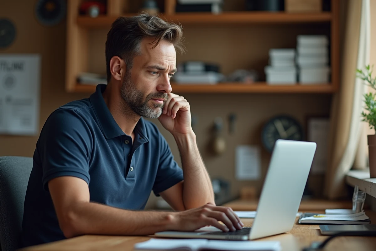 Homme consultant un site de formation bricolage en ligne sur son ordinateur portable avant de payer