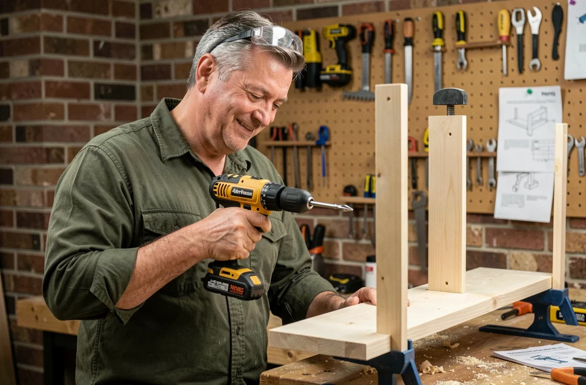 Homme débutant en bricolage tenant une perceuse devant une étagère en bois en cours d'assemblage
