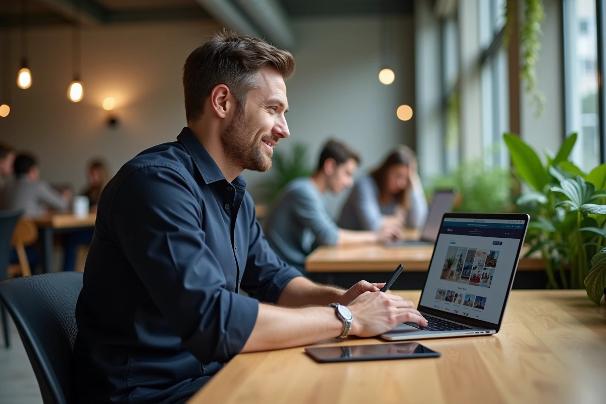 Homme en espace de coworking suivant une formation Canva sur ordinateur portable pour créer des carrousels réseaux sociaux