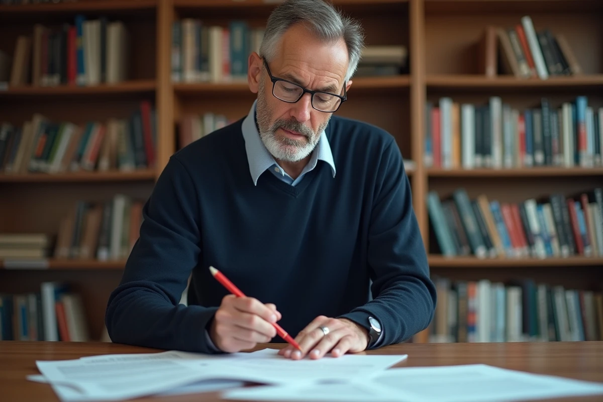 Homme en bibliothèque étudiant et annotant des documents