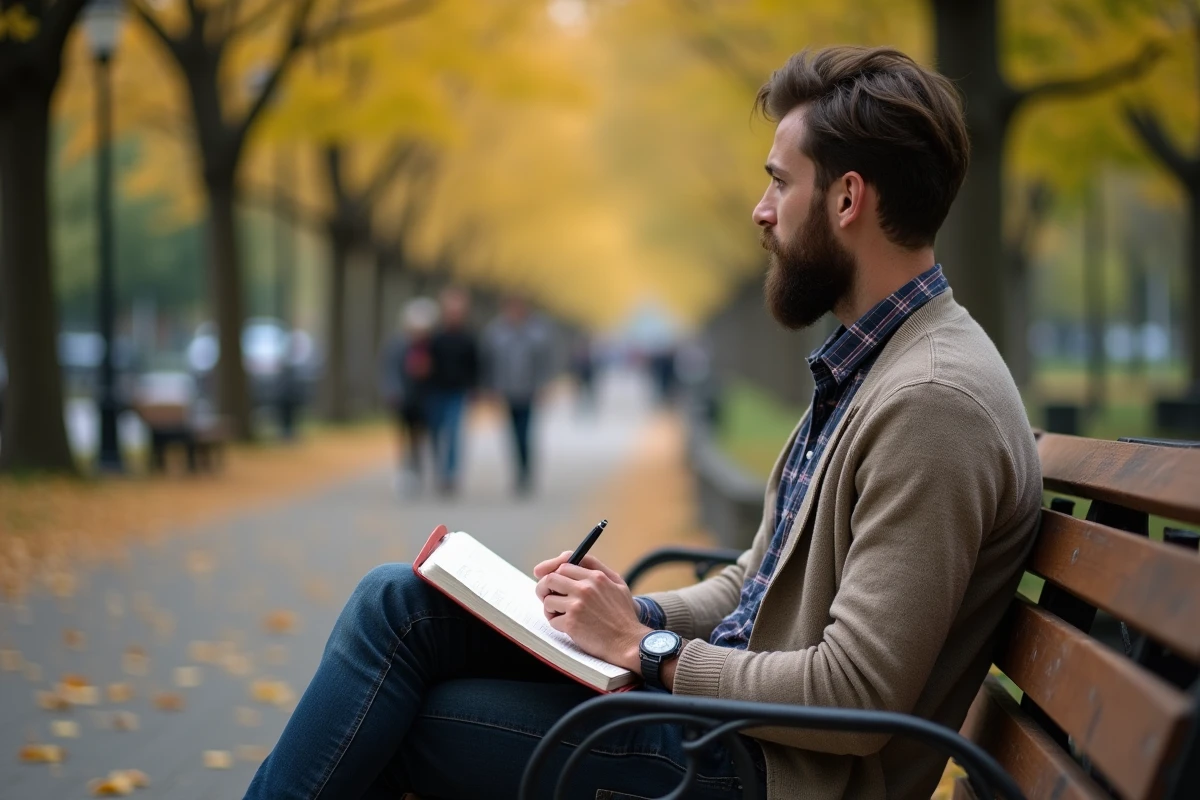Homme avec journal dans un parc en automne