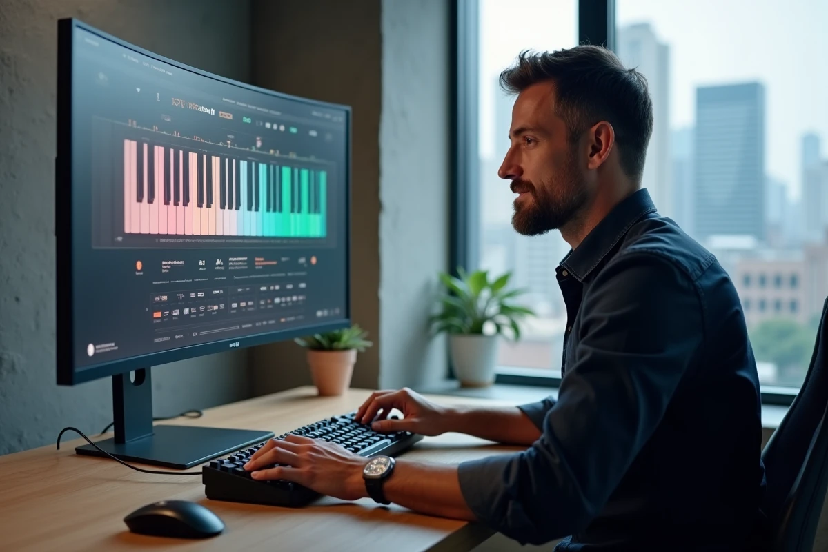 Homme adulte jouant du piano gratuit en ligne sur un clavier mécanique connecté à un écran dans un appartement moderne