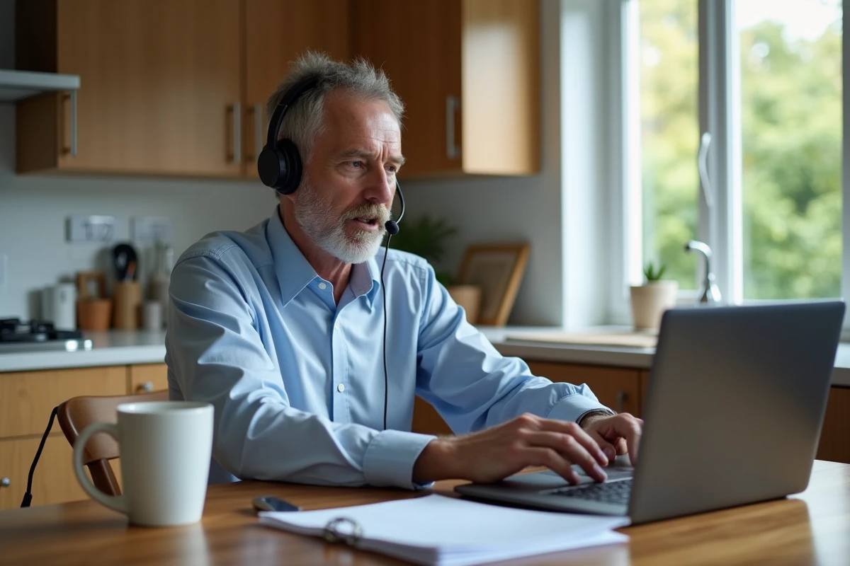 Homme en visioconference dans sa cuisine à la maison