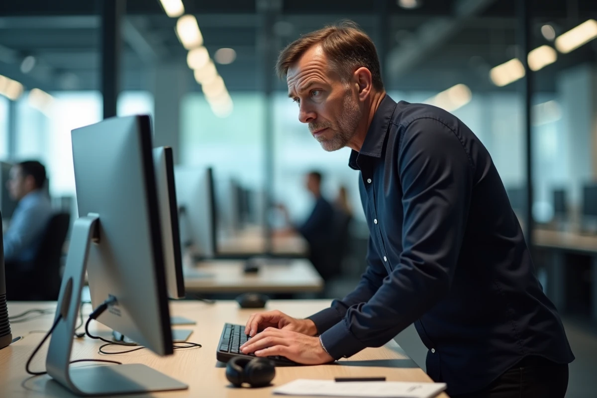 Homme en bureau professionnel cherchant à contacter le support technique pour un problème sur son espace inscrit