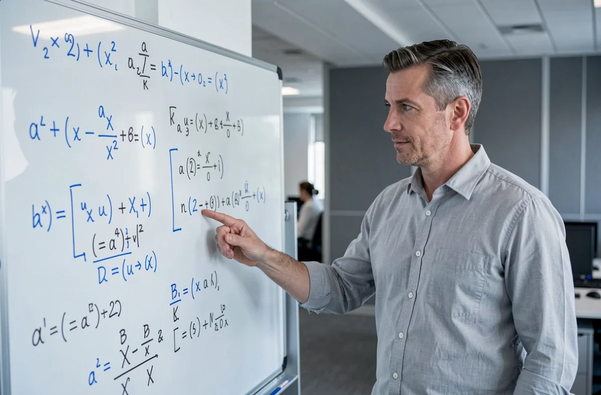 Homme debout devant un tableau blanc expliquant une méthode d'inversion de matrice avec des formules d'algèbre linéaire