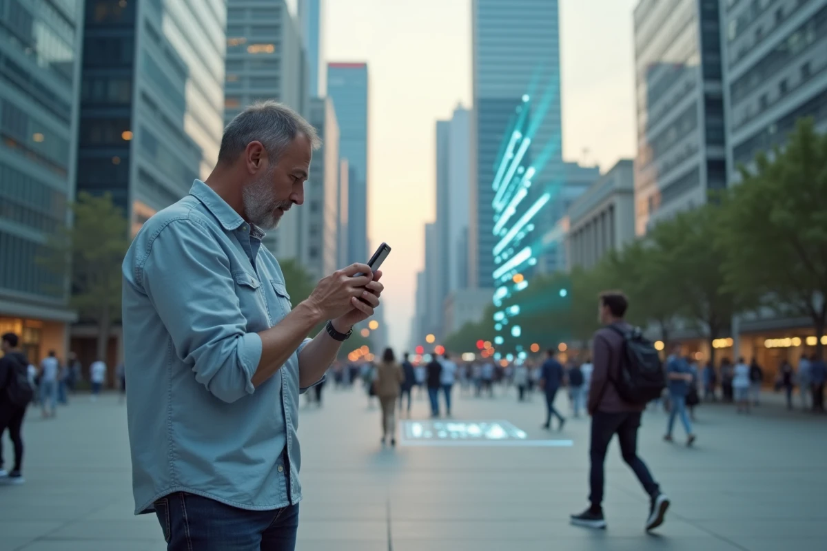 Homme regardant une installation AR dans une place urbaine moderne