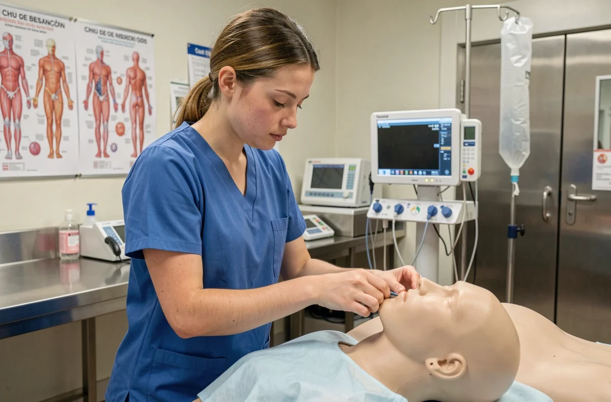 Étudiante infirmière en formation pratique sur mannequin de simulation à l'IFSI du CHU de Besançon