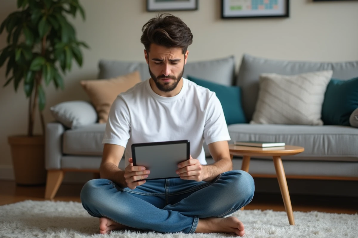 Jeune adulte utilisant une tablette pour accéder au chat d'assistance en cas de bug sur son espace inscrit