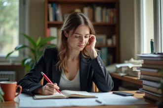 Jeune enseignante débutante corrigeant des copies dans son appartement, illustrant le quotidien et le pouvoir d'achat limité d'un prof en début de carrière