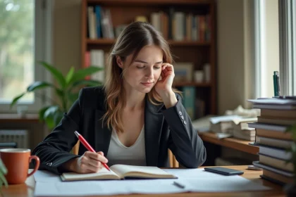 Jeune enseignante débutante corrigeant des copies dans son appartement, illustrant le quotidien et le pouvoir d'achat limité d'un prof en début de carrière