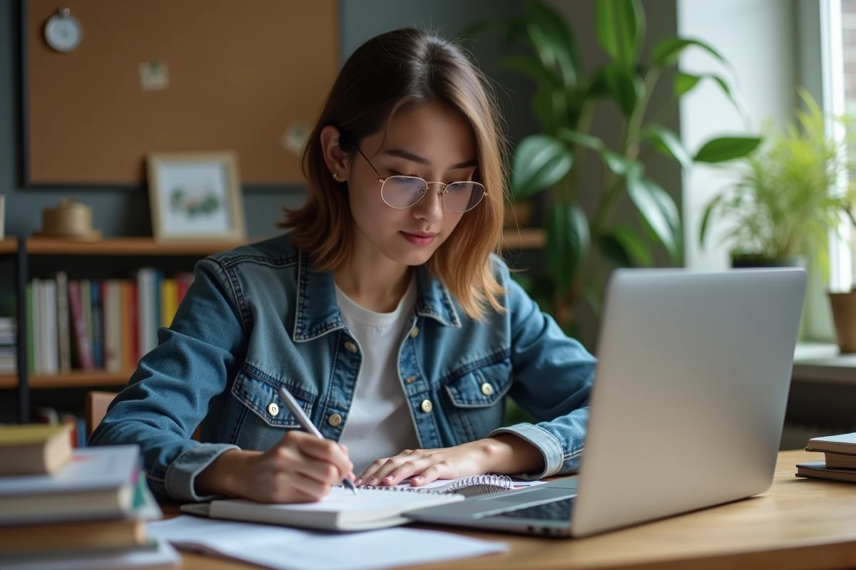 Jeune femme étudiant en ligne dans un bureau à domicile