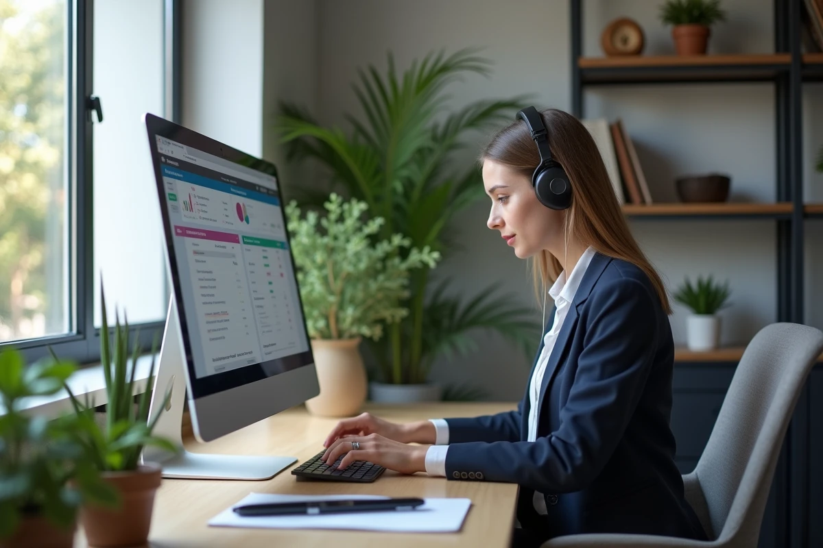 Jeune femme concentrée sur formation en ligne