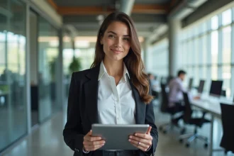 Jeune femme en tenue professionnelle tenant une tablette avec des graphiques dans un bureau moderne, illustrant les métiers STMG en gestion et management
