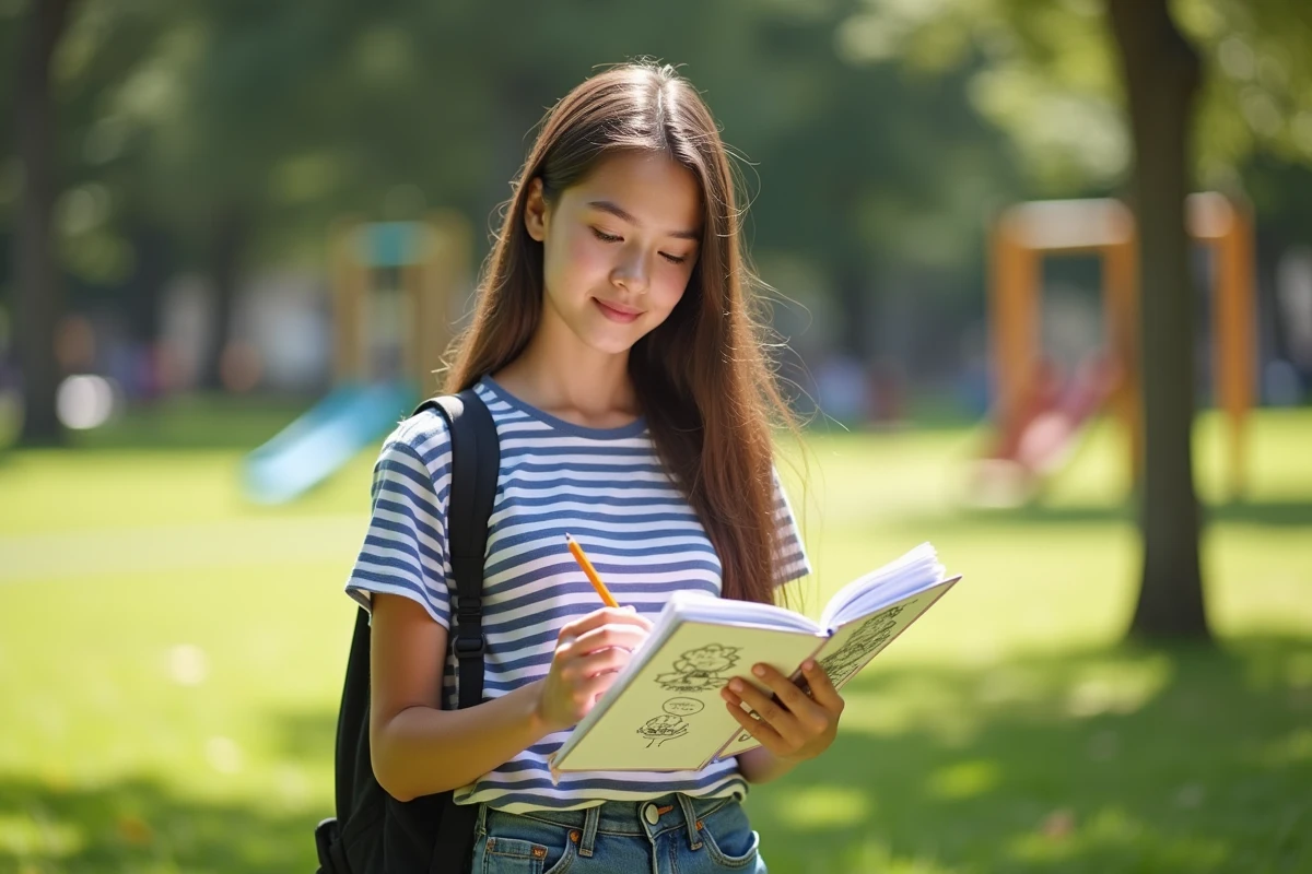 Jeune fille dessinant une storyboard dans un parc ensoleille